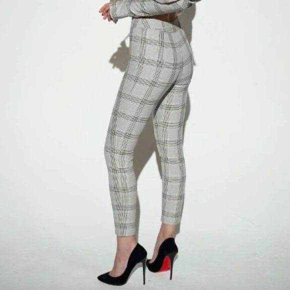 Express Pants - Express Columnist Ankle Pants Preppy Plaid Houndstooth Print Cream/Black/Pink 6R